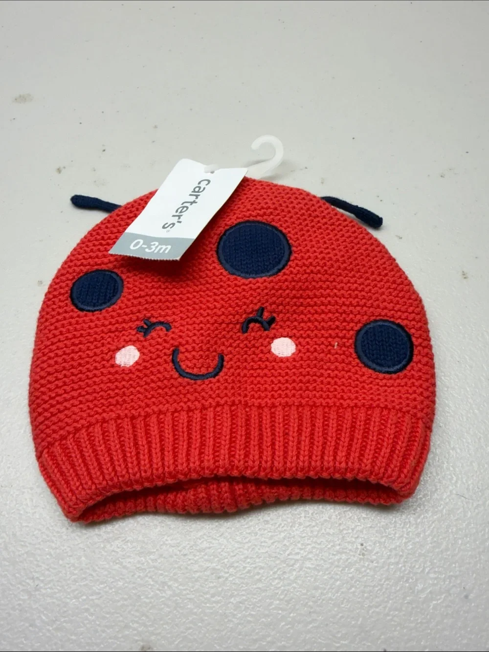 Carter's Red Ladybug Knit Baby Beanie with Navy Spots